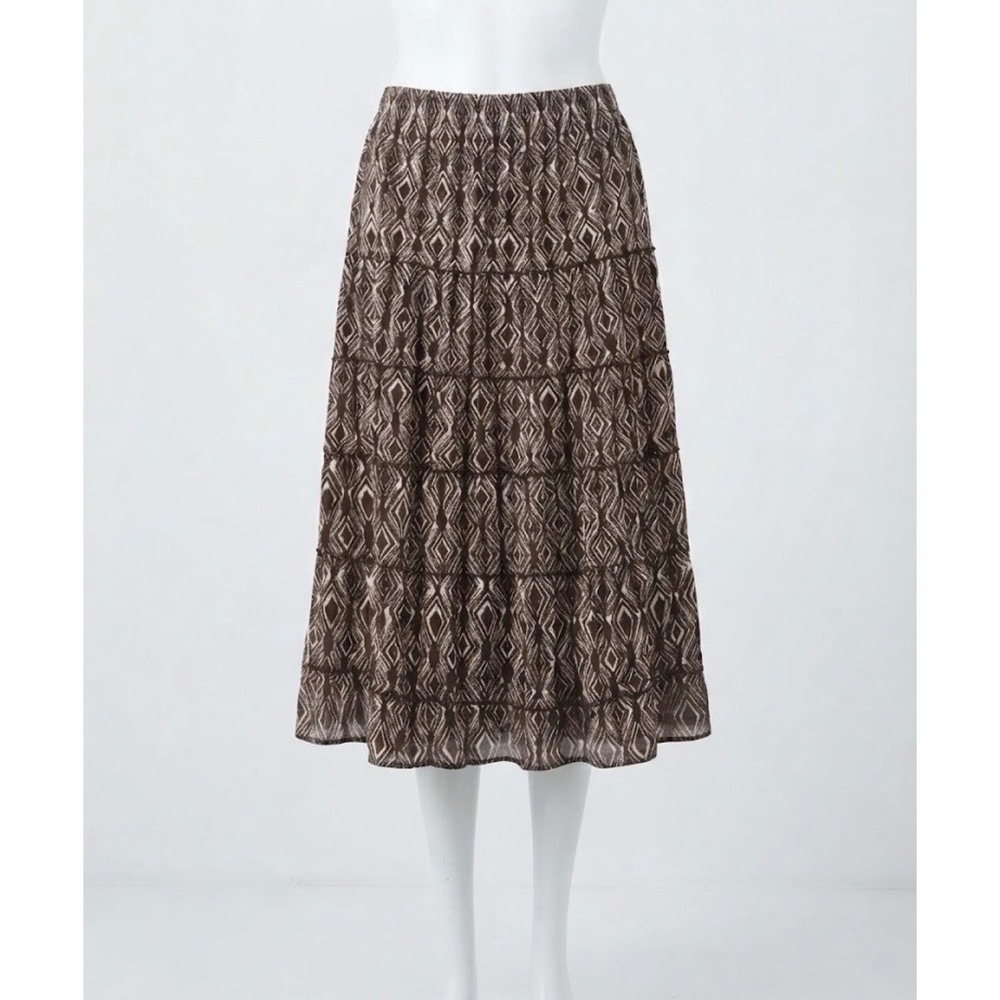 Metro Wear Brown Tan Geometric Diamond Print Tiered Midi Skirt Size Medium